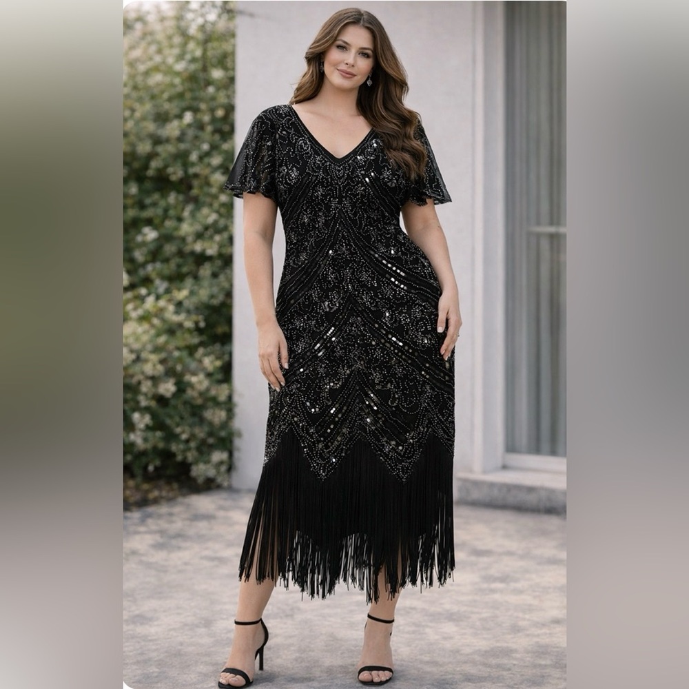 Daisy Black Beaded Fringe Midi Dress